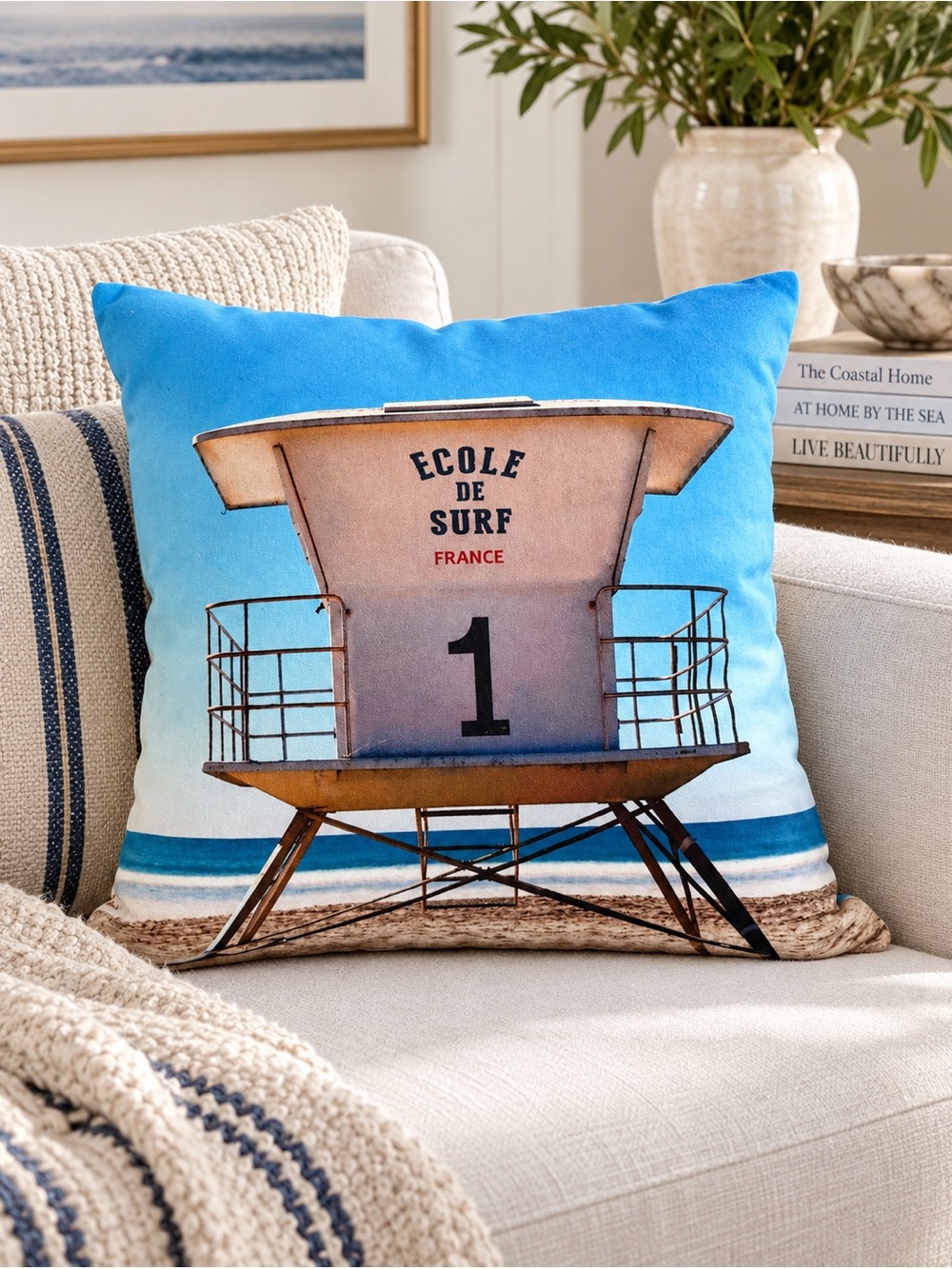 Coast & Valley France Ecole de Surf Square Cotton Feather Throw Pillow 15”